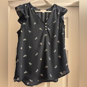 LOFT Midnight Blue Floral Blouse with Ruffle Sleeves